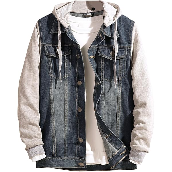 SWJGLITTR Men's Hooded Denim Jacket Skinny Patchwork Thin Trucker